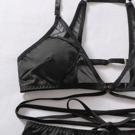 Sexy hot Lingеrie Fashionable hollow-out sheer mesh tie-up shaping slim sexy three-piece lingerie set, four-piece ensemble