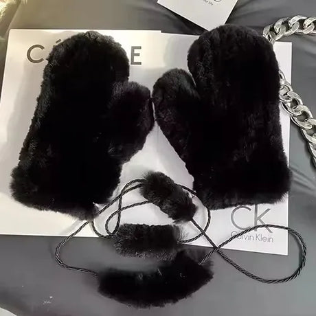 Hot Sale Women's 100% Natural Rabbit Fur Winter Gloves Warm Knit Thick Thermal Mittens Soft Real Fur Outdoor Cold Weather Glove