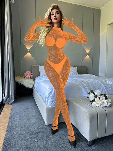 Toucheart Erotic Mesh Bodysuit Leopard Print Hollow Out Sexy Uniform Women Body Shaping See-through Seductive Hot Flirt Bodysuit