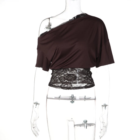 Dulzura Inclined Shoulder Short Sleeve Slim Lace Patchwork T-Shirt Women'S Vintage Sexy Casual Y2K Top Party Club Summer Clothes