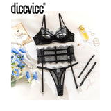 Diccvicc Eyelash Floral Lace Lingerie Cut Out Bra Wide Garter Underwear Set See Through Seductive Intimate Apparel Exotic Outfit