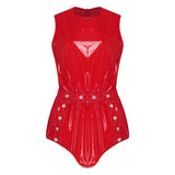 Women One Piece Adaptive Pajama Nightwear Shiny Metallic Sleeveless Buttoned Sleeveless Jumpsuit Waterproof Rompers Bodysuit
