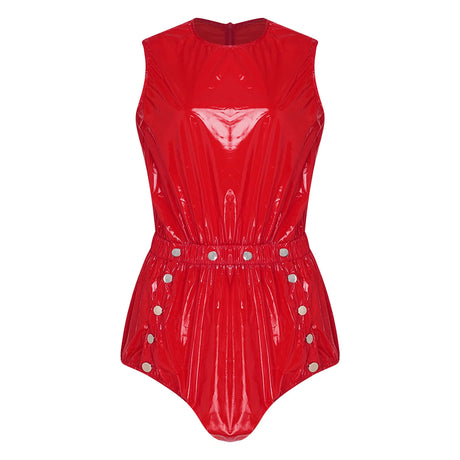 Women One Piece Adaptive Pajama Nightwear Shiny Metallic Sleeveless Buttoned Sleeveless Jumpsuit Waterproof Rompers Bodysuit