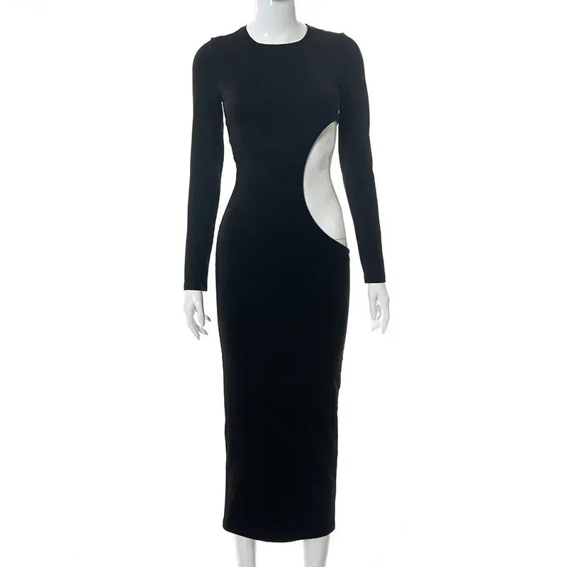 2025 Women's Solid Color Long Sleeve O-Neck Sexy Hollow Out Long Dresses Club Party Dress Sexy Vestidos Plus Size XXXS-3XL XXL