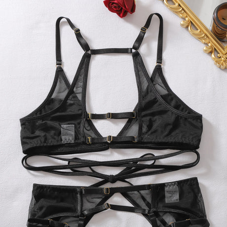 Sexy hot Lingеrie Fashionable hollow-out sheer mesh tie-up shaping slim sexy three-piece lingerie set, four-piece ensemble