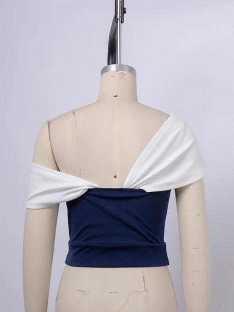 Chic One Shoulder Twisted Color Block Navy White Slim Fit Crop Blouse, Tube Top For Party & Daily Women