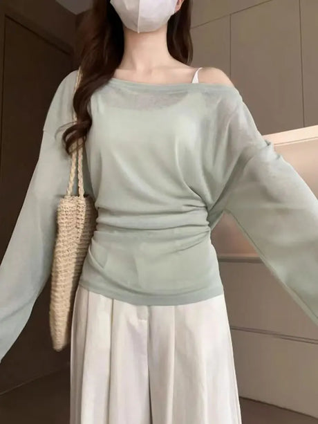 See Through Long Sleeve Oversize T Shirt Women Sexy Back Bandage Off Shoulder Top Female Basic Long Tees Korean Chic Lady New