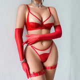 Women Red Lace Lingerie Set 5 Pcs Underwear Sheer Mesh Bra Thigh Long Gloves Thong Sexy Intimate Outfit for Romantic Night Party