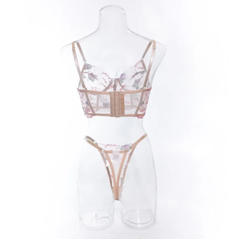 Floral Lingerie Set PushUp Bra Thong Sheer Mesh Underwear Breathable Lace Bralette Kits for Women