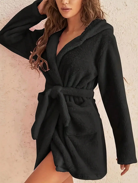 1 piece of women's solid color hooded robe with belt, cozy and warm fleece pajamas for home wear in autumn and winter.