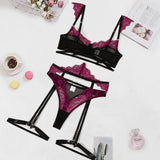 Eyelash Lace 3Pcs Lingerie Set Women Underwire Push Up Sheer Mesh Bra Hollow Strap Garter Belt Thigh Rings Valentine Honeymoon