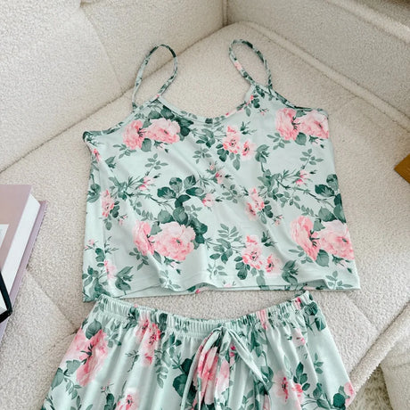 Women Casual Pajama Ladies Sexy Sleepwear Print Round Neck Ice Silk Top T-Shirt and Shorts Sets Breathable Comfortable Home Wear