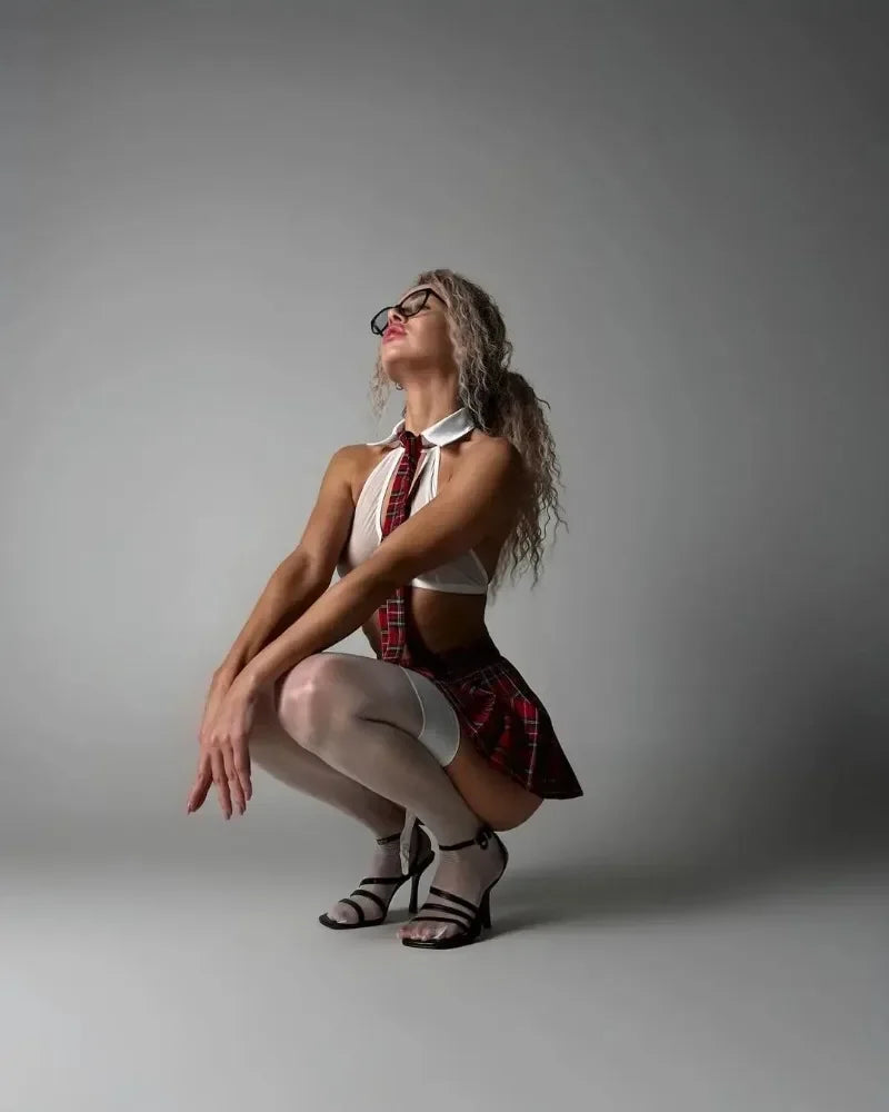 Teacher Cosplay Lingerie Sheer Halter Bra Plaid Skirt See Through Intimate Goods Sissy Erotic Crotchless Briefs Outfits