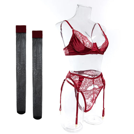 Wedding Night Gift 3 Piece Black Lace Lingerie Set for Women Bra with Garter Belt and Thong Sexy Bridal Underwear
