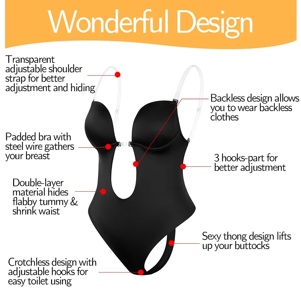 Backless Bodysuit Shapewear for Women Built-in Bra Multiple straps Thongs Body Shaper U Plunge Seam-free Faja with Open Crotch