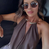 HXAO Sexy Halter Neck Bodysuit Women Summer Brown White Slimming Body Backless Off Shoulder Sleeveless Thong Top Women Bodysuit