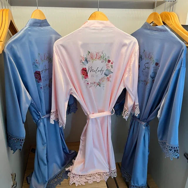 Personalised Sega Floral Wreath Robes Custom Bridal Robe Satin Wedding Bridesmaid Kimono Dressing Gown Bride to be Robe