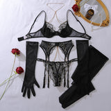Fashionable spicy girl hanging neck metal chain heavy embroidery shaping sexy underwear five piece set