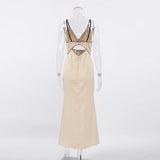 Black Satin Knot Hollow-out Straps Long Dress French Style Sexy Sleeveless Slit Women Summer Dress Lady Evening Party Gowns