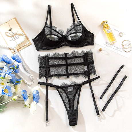 Diccvicc Eyelash Floral Lace Lingerie Cut Out Bra Wide Garter Underwear Set See Through Seductive Intimate Apparel Exotic Outfit