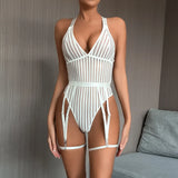 Sexy Lingerie Strip See Through Bodysuit Deep-V Halter Erotic Costumes Backless Jumpsuit Suspenders Underwear Women Garter 2024