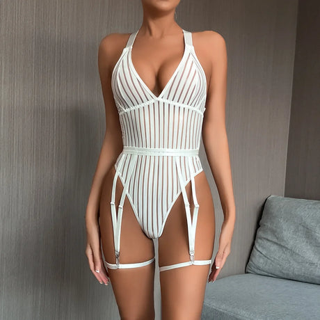 Sexy Lingerie Strip See Through Bodysuit Deep-V Halter Erotic Costumes Backless Jumpsuit Suspenders Underwear Women Garter 2024