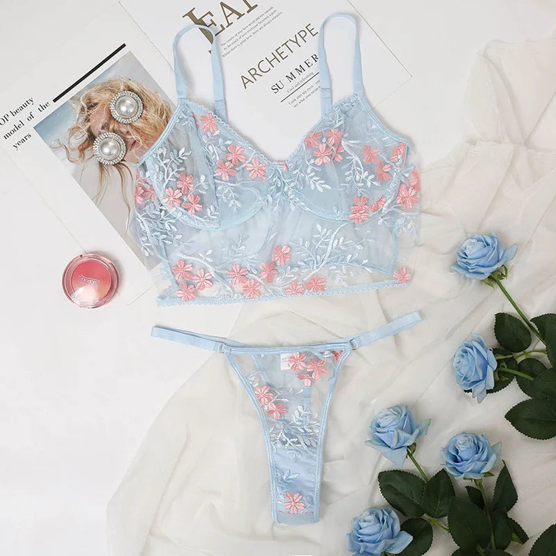 Women's Lace Floral Embroidery Bra And Panties Set See through Sexy Lingerie Underwear 2 Piece Female Bra Brief Set 9527E