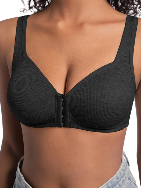 Women's Bra Wire-Free Front Closure Solid Color Full Coverage Fixed Cups More Considerate for Middle-Aged And Elderly Individual
