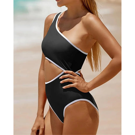 Vzvn 2026 New Women Swimwear Female Padded Bather Bathing Suit Swim Colors Cut Out One Shoulder Splicing One Piece Swimsuit