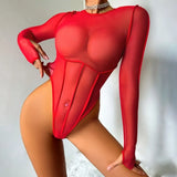 Red Exotic Bodysuits Tempted Fitting Lingeries Femme Ultra Hot Sexy See Through Mesh Splicing Crotchless Teddies Sissy Underwear
