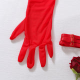 Women Lingerie Erotic Set See Through Sheer Red Lace 5Pcs Underwire Bra Thong Long Gloves Leg Bands Sexy Outfit