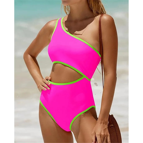 Vzvn 2026 New Women Swimwear Female Padded Bather Bathing Suit Swim Colors Cut Out One Shoulder Splicing One Piece Swimsuit