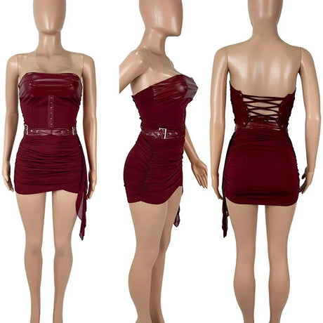 Doyerl PU Leather Patchwork Party Dress Sets Woman 2 Piece Outfits Birthday Club Strapless Crop Top and Mini Skirt Matching Set