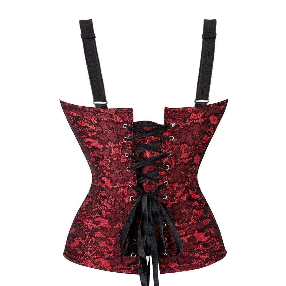 Gothic Corset Top With Straps Sexy Floral Zipper Brocade Overbust Lingerie Burlesque Body Shaper Lace Up Bustier Plus Size