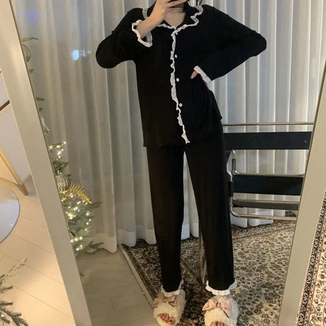 2Pcs/set Women's Nightwear Sexy Lace Long Sleeve Long Pants Simple Black Autumn and Winter Cardigan Young Girls Clothes Womens