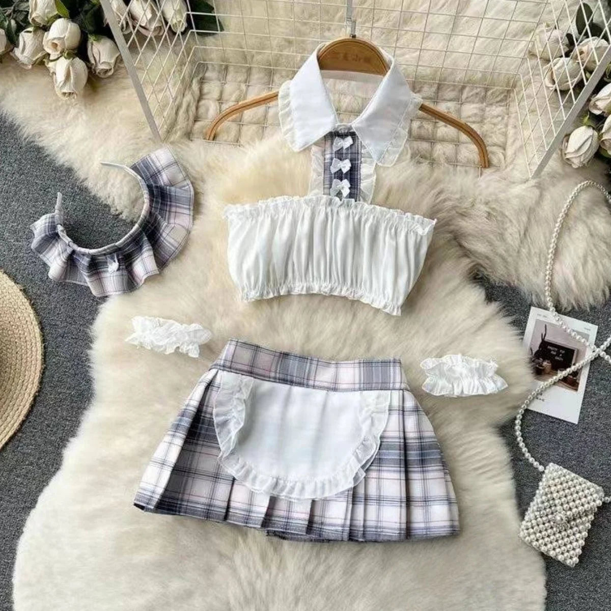 Women Sets Ruffled Apron Shorts Headband Maid Cosplay Costume Rabbit Officer Party Park Performance Sexy Suits Hotsweet Clothes