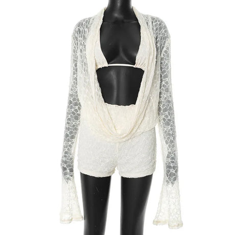 Women's Summer Solid Lace Cami Bra Cowl Neck Long Sleeve Top Shorts Set Fashion Casual Outfit Two Piece Set Women Sexy Club