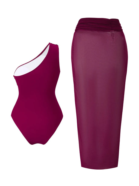 Vintage Purple Long Skirts Swimwear Sets Women One Shoulder Slim Holiday One Piece Swimsuit 2026 Beach Bathing Suit Monokini