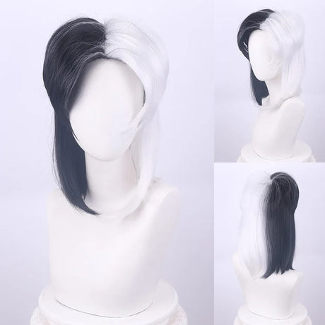 Cosplay Halloween Party Wigs CRUELLA Deville De Vil Black White With Bangs Short Bob Hair for Women Heat-Resistant Synthetic Wig