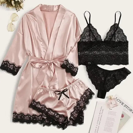 Women's Summer Sexy Pajama Pants Set 4 Pieces Lace Satin With Silk Sleepwear Robe Fashion And Comfortable Nightwear