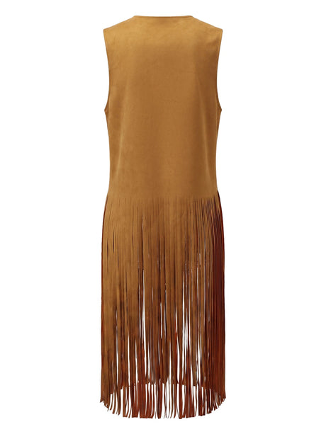 Women's Tassel Long Vest Fashionable Western Style Solid Color Open Front Cowgirl Sleeveless Jacket