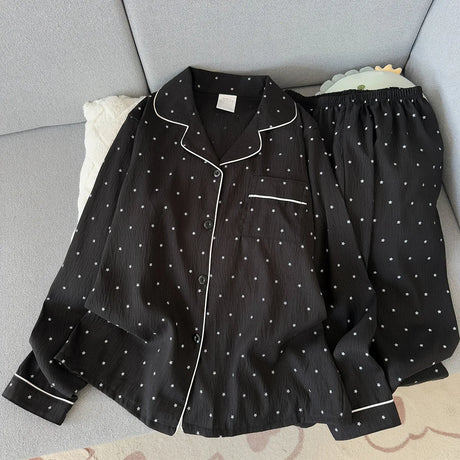 Spring and Autumn Large Black Pajama Women's Long Sleeve Set Sweet Cardigan High End Home Clothes Ladies Nightwear Star Print