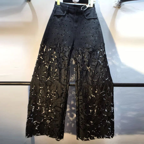 European 2025 Hollow Lace Jeans Women Summer New Black Lace Denim Pants Heavy Industry Beads Hot Diamond Denim Splicing Crochet