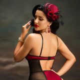 Red Black Lace Bodysuit, Mesh Waist-shaping Lady Style Role Play Women Bodysuit Sheer Mesh Lingerie Sleepwear Costume V9NB
