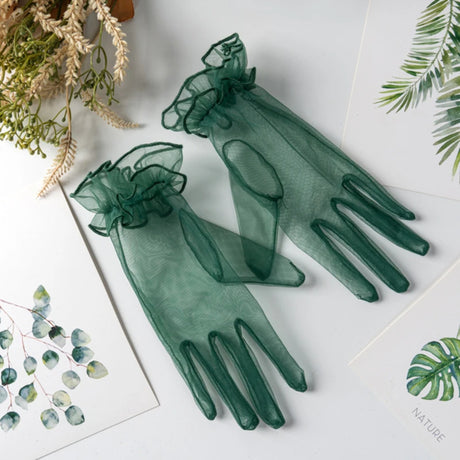 1 Pair Women's Lace Full Finger Gloves Fashion Short Tulle Elastic Etiquette Lotus Leaf Shears for Stylish Hand Protection