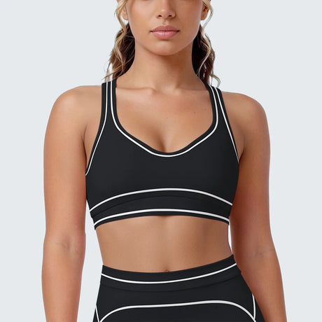 Women's Yoga Bra Vest Fitness Tank Running Workout Gym Top Push Up Padded Soft Slim Contrast Piping Racerback Sports Underwear