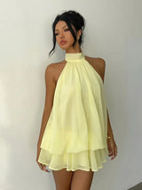 Women Halter Neck Backless Tie Mini Dress Summer Sleeveless Chiffon Ruffle Short Dresses Sexy Club Party Beach Vacation Outfit