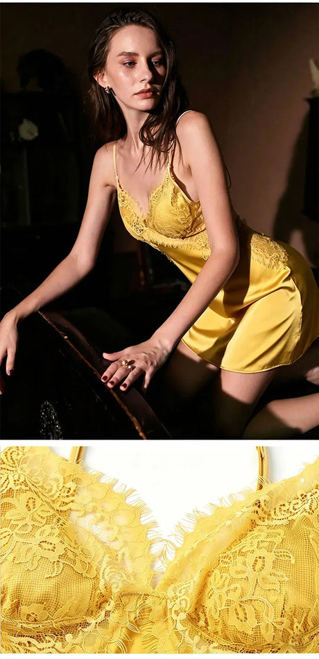 Women's Satin Lace Slip Nightdress V-Neck Spaghetti Strap Backless Chemise Sleepwear ElegantLingerie Dress for Bedroom Nightwear