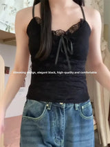 Elegant Lace White Camisole Women's Vest with Chest Pad Unique Design Inner Wear Base Top  Knot Backless Style