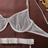 2026 Fashion Heavy Crafted Metal Decorative Lingerie Set with Buckle Women Mesh Transparent Bra Lady Sexy Body Shaping Underwear